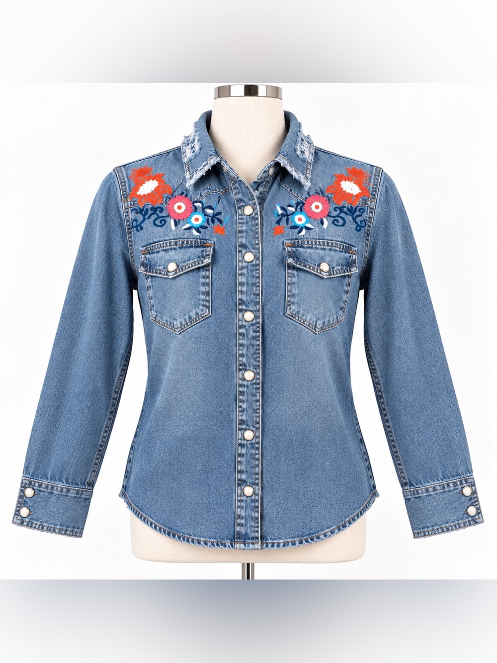 Lucky Brand XS Embroidered Distressed Denim Western Shirt Pearl Snap